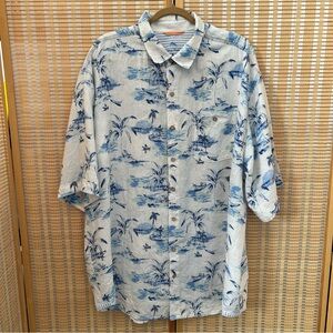 Tommy Bahama Linen Camp Shirt White/Blue Short Sleeve Button Up Men's XLT